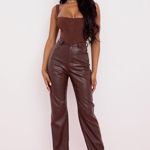 House of CB Pants - House of CB Inaya Dark Brown Stretch Vegan Leather Trousers